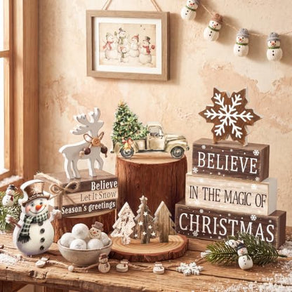 11 Pcs Christmas Table Decorations Christmas Tiered Tray Decorations Set Snowman Reindeer Wooden Stack Signs for Winter Xmas Party Home Kitchen Shelf - style: Christmas