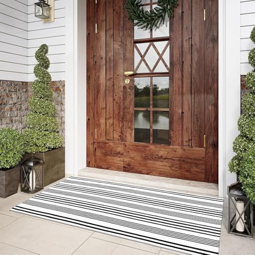 LEEVAN 2'X4.3' Black and White Striped Woven Cotton Reversible Outdoor Rug - color: 1white Strip, size: 2' x 4'3"