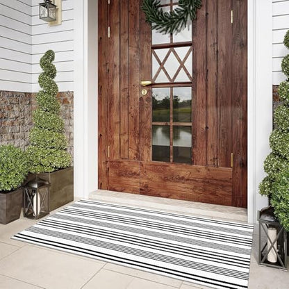 LEEVAN 2'X4.3' Black and White Striped Woven Cotton Reversible Outdoor Rug - color: 1white Strip, size: 2' x 4'3"