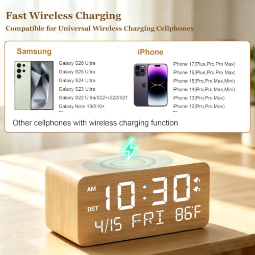 Andoolex Wooden Digital Alarm Clock with Wireless Charging, 0-100% Adjustable Brightness Dimmer and Alarm Volume, Weekday/Weekend Mode, Dual Alarm, Snooze, 12/24H, Wood LED Clock for Bedroom (Bamboo) - color: Bamboo