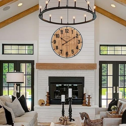EMAX HOME Large Old Town Farmhouse Wall Clock 24 Inch Rustic Antique Wood with Metal Circle and Large Numerals Silent Battery Operated Wall Clock for Office Kitchen Bedroom Living Room - color: Brown, size: 24 Inch