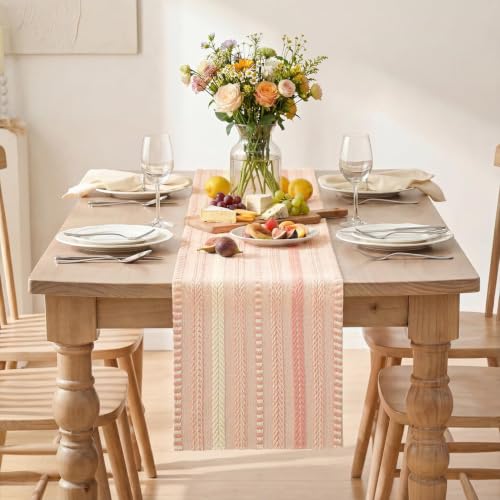 Artoid Mode Pink Farmhouse Stripe Braided Table Runner 12x72 Inch - color: Pink, size: 12" x 72", Table Runner