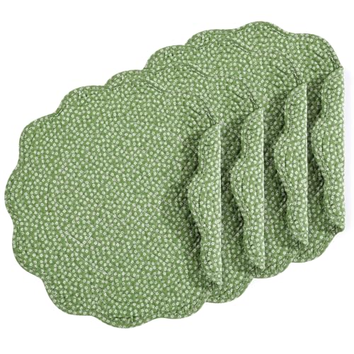 HOMBYS Quilted Placemats Set of 4 Washable Round Placemats for Kitchen Table-100% Cotton Fabric Round Table Mats, (Green with White Flower) - color: Green With White Flower