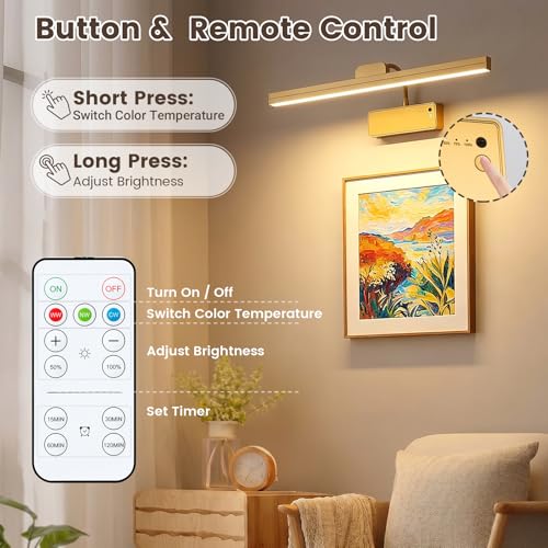 Picture Light for Wall, 15" Rechargeable Battery Operated LED Wall Sconce - color: Gold, size: 2 Count (Pack of 1)