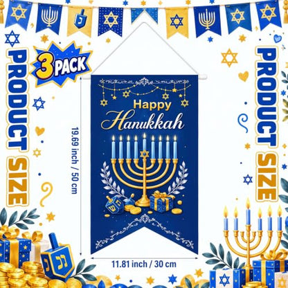 Tegeme 3 Pcs Hanukkah Door Sign Flag Chanukah Door Blue White Doors Banner - style: Chanukah