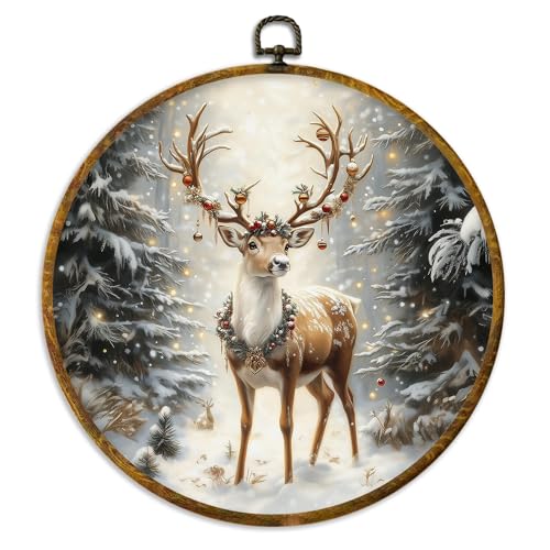 XPH Christmas Reindeer Round Wall Art Framed, Cottage Winter Forest Wildlife Deer Circle Wall Decor, Rustic Xmas Cozy Winter Hanging Canvas Prints for Home Bedroom Living Room Decoration, 10x10 Inch - color: Christmas 15