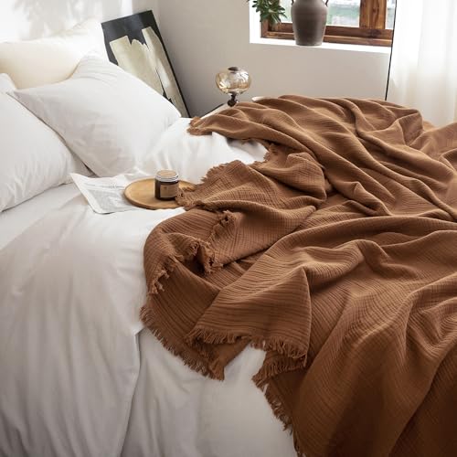 FOSSA Muslin Blanket: 4-Layer 100% Cotton Gauze Blanket with Fringe 98"x98" - color: Dark Orange, size: Oversize Queen(98" × 98")