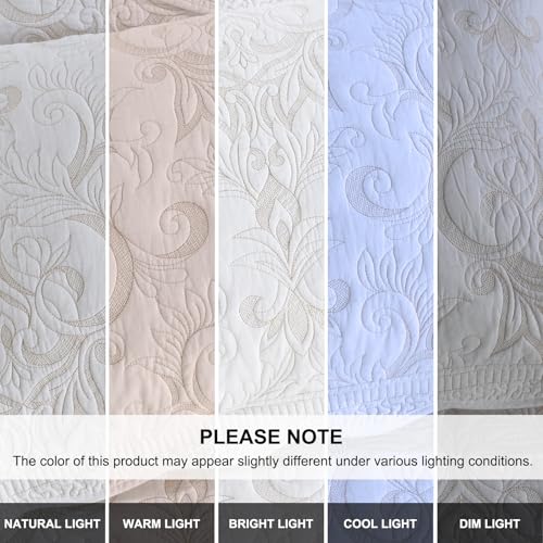 100% Cotton Oversized Bedspread Quilt Coverlet Set, 120"x120" - color: White/Beige Embroidery, size: King/Cal King(120"x120")