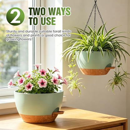 12 Inch Large Self Watering Hanging Planters 2 Pack with Saucers - color: Green Brown, size: 12 Inch 2 Pack