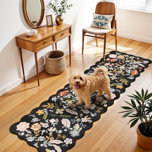 2x6 Scalloped Hallway Runner Rug: Non-Slip Washable Floral Area Rug Black - color: Black, size: 2' x 6' (Runner)