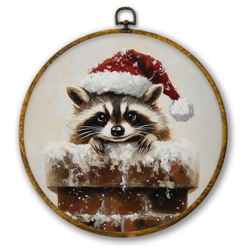 Mcehtle Raccoon Christmas Wall Art Decor, Winter Santa Hat Animal Whimsical Woodland Framed Canvas Prints 10x10, Rustic Holiday Xmas Round Wall Hanging Artwork Decorations for Bedroom Living Room - color: Colour 16