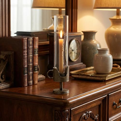 Handcrafted Cast Iron Base Hurricane Candle Holder with Glass Shade