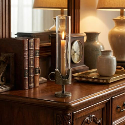 Handcrafted Cast Iron Base Hurricane Candle Holder with Glass Shade
