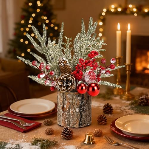 Small Christmas Table Centerpiece with Pinecones & Red Berries, Rustic Farmhouse Christmas Centerpieces for Coffee Bar, Mantel, Kitchen Island, Window Sill & Entryway Table Holiday Decor (2pcs