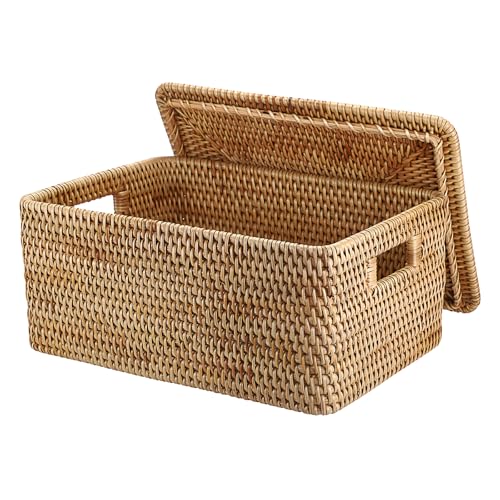 Hipiwe Rattan Basket With Lid Rectangular Lidded Basket Wicker Storage Bin - size: 15.1"L x 11.2"W x 7.3"H