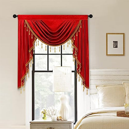 ELKCA Luxury Burgundy Red Velvet Curtain Valances for Living Room with Beads(39inch,1 Panel) - color: Burgundy Red, size: 39"W x 43"L (Pack of 1)