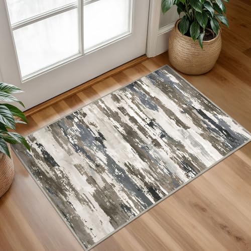 Abstract Washable Entryway Rug 2x3 Area Rug Non Slip Door Mat | Taupe Brown;Thin Printed Faux Wool Kitchen Rugs;Indoor Front Door Rug;Small Entry Rug;Floor Carpet;Throw Rugs for Entrance - color: Taupe Brown / Gray, size: 2' x 3' (Rectangular)
