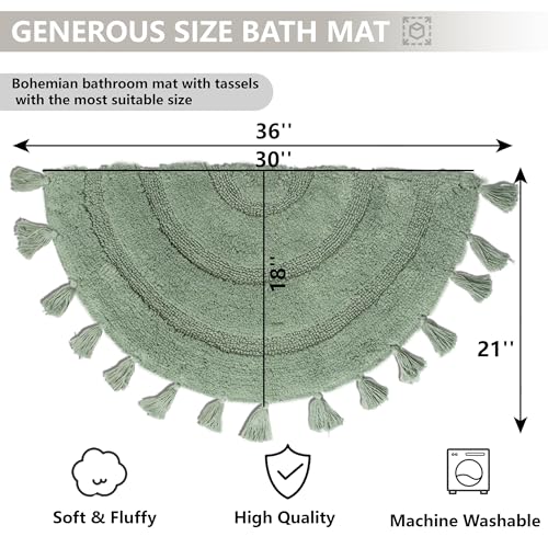 KOEXM Half Circle Boho Bathroom Rugs with Tassels 100% Cotton - color: Sage Green, size: 1'10" x 3'1" (Semicircular)