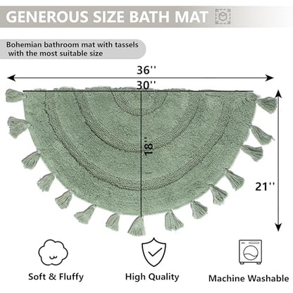 KOEXM Half Circle Boho Bathroom Rugs with Tassels 100% Cotton - color: Sage Green, size: 1'10" x 3'1" (Semicircular)