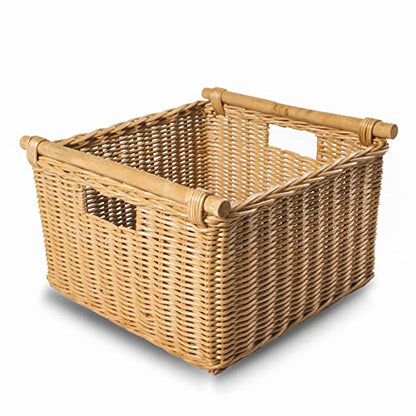 The Basket Lady Deep Pole Handle Wicker Storage Basket L, Sandstone - color: Sandstone, size: Large