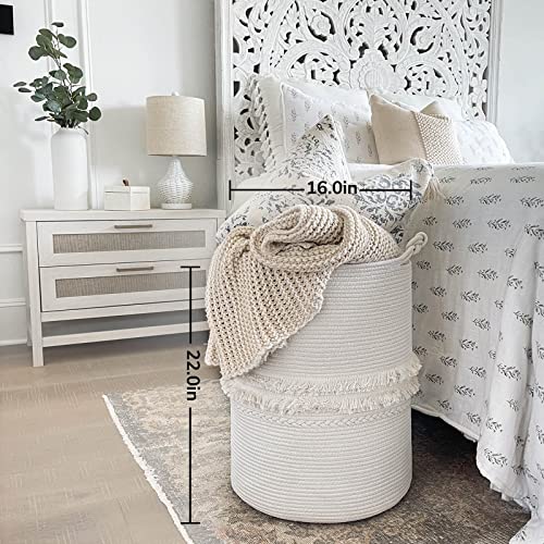 CherryNow 70L Woven Rope Laundry Basket with Tassel, 16" x 22", White - color: Off-white, size: 69L (16"W x 22"H)