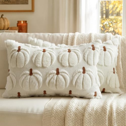 MIULEE Fall Pumpkin Pillow Covers Fall Decor Cream White Brown Stem 12x20 - color: Cream White Brown Stem, size: 20" x 12" (Pack of 2)