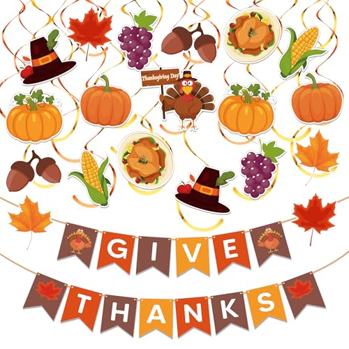 Kidific 45 Pcs Thanksgiving Decorations, GIVE THANKS Banner with Hanging Swirls for Indoor Wall, Friendsgiving Decorations for Party Office Home Classroom