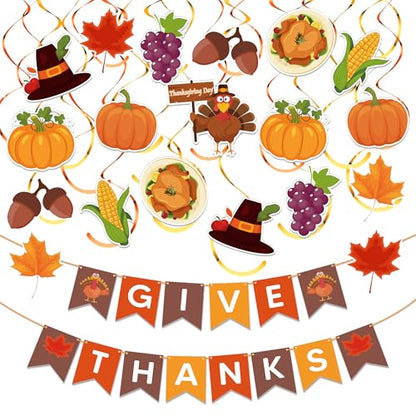 Kidific 45 Pcs Thanksgiving Decorations, GIVE THANKS Banner with Hanging Swirls for Indoor Wall, Friendsgiving Decorations for Party Office Home Classroom