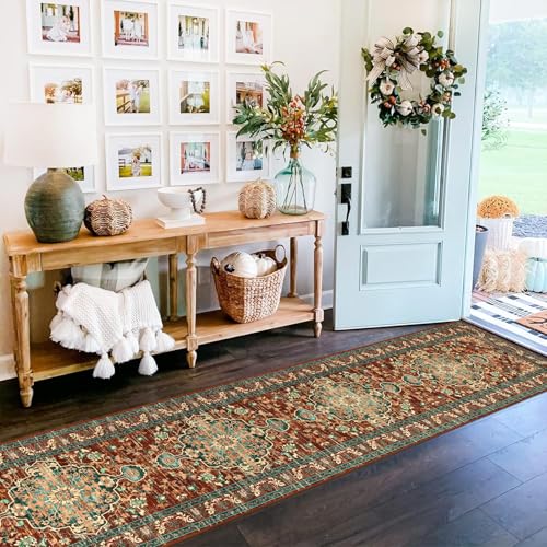 U'Artlines 2' x 14' Boho Hallway Runner Rug, Washable Carpet, Rust＆Teal - color: Rust＆teal, size: 2' x 14' (Runner)