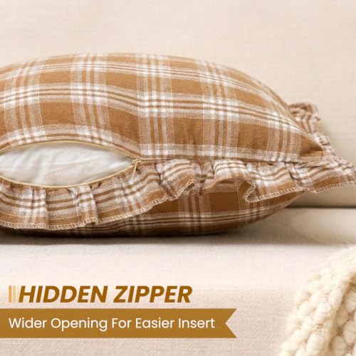 Brown Ruffle Tartan Plaid Gingham Fall Farmhouse Throw Pillow Covers 20x20 - color: Brown Ruffled Plaid Throw Pillow Covers, size: 20" x 20" (Pack of 2)