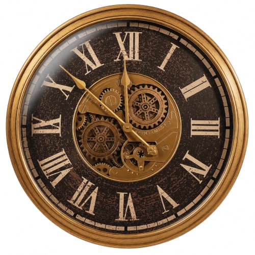 Large Real Moving Gears Wall Clock 24 Inch,Roman Antique Brass Brown - color: 24 Inch Roman Antique Brass Brown