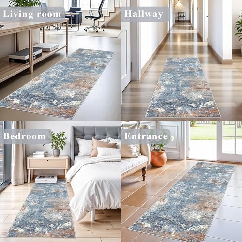 2x6 Non-Slip Washable Kitchen Runner Rug – Modern Abstract Carpet Runner for Hallway Bedroom Bathroom Laundry Room Entryway – Low-Pile Thin Rubber Backed（Blue Rust,2x6） - color: Blue Rust, size: 2' x 6' (Rectangular)