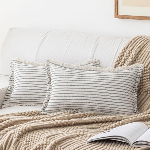 YEENAASY Throw Pillow Covers 12x20 Boho Striped Pillow Cases with Tassel - color: Grey, size: 20" x 12" (Pack of 2)