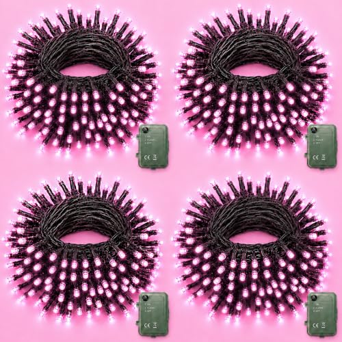 Pooqla Pink String Lights Battery Operated, 4x50 LED Halloween Lights - color: Pink, size: 50 LED x4