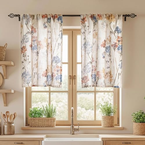 MYSKY HOME Floral Linen Kitchen Tier Curtains 36 Inch Length 2 Panels Farmhouse Light Filtering Privacy Small Window Treatments Rod Pocket for Bathroom Basement, Yellow, 30" Wide - color: A-yellow, size: 30"W x 36"L (Pack of 2)