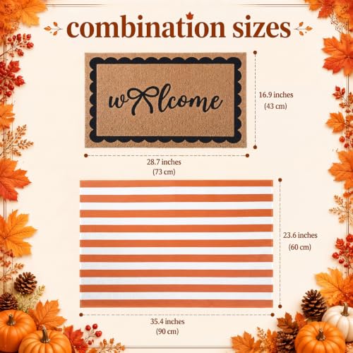 Tinideya 2 Pcs Fall Front Door Mat Orange Stripe Outdoor Doormat Set - color: Orange