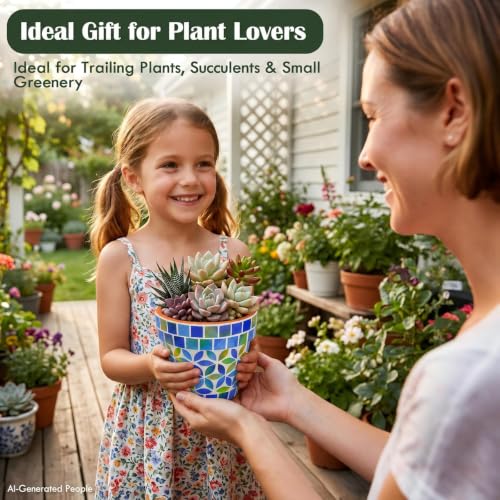 Mosaic Ceramic Small Succulent Plant Pot with Drainage 4 in Planter - color: Mosaic Blue