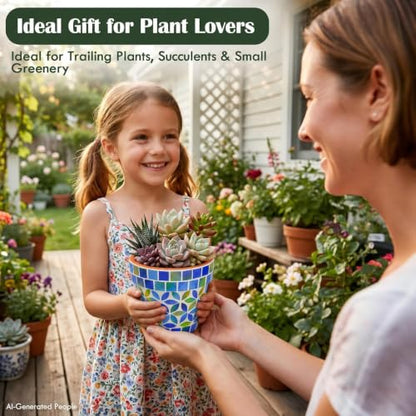 Mosaic Ceramic Small Succulent Plant Pot with Drainage 4 in Planter - color: Mosaic Blue