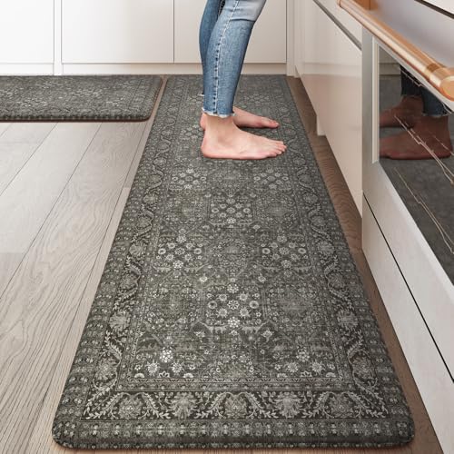 KIMODE Anti Fatigue Kitchen Mat 2PC,Waterproof Farmhouse Green Kitchen Rugs - color: Green/Grey, size: 59"L x 17.3"W x 0.47"Th + 29"L x 17.3"W x 0.47"Th