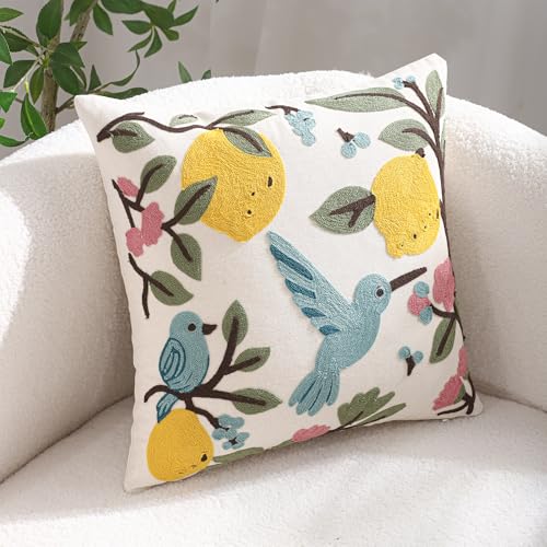 Embroidered Throw Pillow Covers 18x18 Pack of 2 Bird Lemon - color: Birds&lemons
