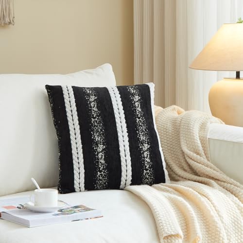 Throw Pillow Covers Decorative 20x20 Inches Pack of 2 Cozy- Cotton Linen Pillows for Couch Sofa Bed Living Room Mix and Match for Home Decor Pillow Inserts Not Included Black and White English Style - color: Shining Black, size: 20" x 20" (Pack of 2)