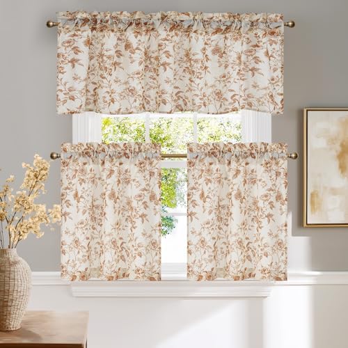 NICETOWN Faux Linen Valance for Windows Kitchen Living Room, Autumn Yellow Brown Peony Printed Rod Pocket Farmhouse Country Rustic Bathroom Small Window Treatment (52x18 inch, 1 Panel) - color: Yellow Brown, size: 52"W x 18"L (Pack of 1)