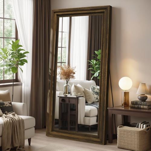 Wood Full Length Mirror 71"x30", Large Solid Wood Frame Floor Mirror - color: Walnut Wood, size: 71"L x 30"W