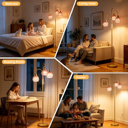 Red Lotus Glass Floor Lamp 3-Light 70" Gold Dimmable Tall Standing Lamp - color: Deep Red Lotus-Gold