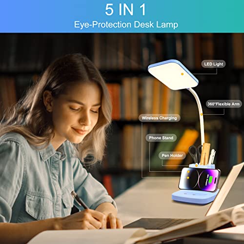 LED Desk Lamp with 10W Wireless Charging & Pen Holder, Blue - color: Blue