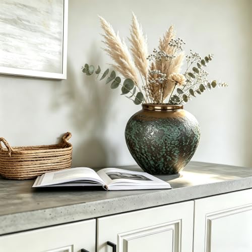 Ceramic Flower Vase, Rustic Farmhouse Flower Vase with Bronze Rim