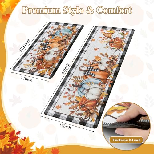 SHACOS Fall Anti Fatigue Kitchen Mats Pumpkins Gnome 17x27.5+17x47 | Orange Maple Black White Checkered Autumn Harvest Cushioned Kitchen Rugs Sets of 2 Non Slip Kitchen Floor Mat - color: Pumpkins Black Plaid
