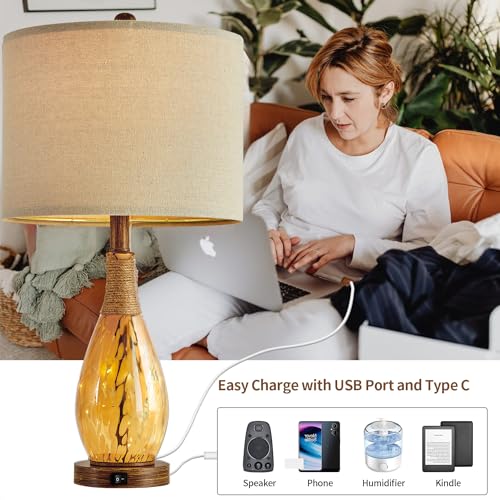 OYEARS 23" USB A+C Table Lamp for Bedroom Living Room Modern Bedside Lamps Retro Farmhouse Rattan Glass Nightstand Nightlight Lamps (Amber),Two Light Points - color: Wood Brown