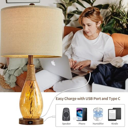 OYEARS 23" USB A+C Table Lamp for Bedroom Living Room Modern Bedside Lamps Retro Farmhouse Rattan Glass Nightstand Nightlight Lamps (Amber),Two Light Points - color: Wood Brown