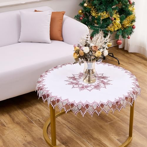 White Dark Red Linen Lace Doily 33" Round Coffee Table Topper - color: Dark Red, size: 33” Round
